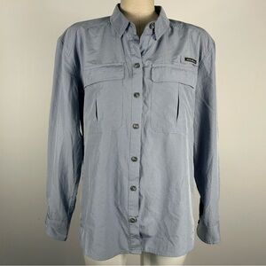 Eddie Bauer Button Up Shirt Womens PL Gray Collared Long Sleeve Button Pockets